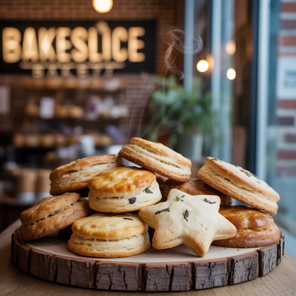 Freshly baked savory biscuits and cookies on a wooden tray at Bakeslice bakery in India – handcrafted snacks perfect for tea-time and home delivery.
