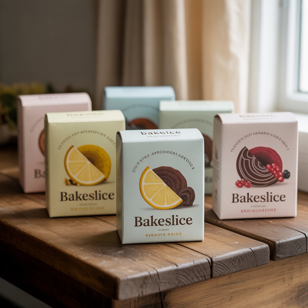Bakeslice premium cookies in elegant packaging with freshly baked biscuits displayed on a rustic wooden table.