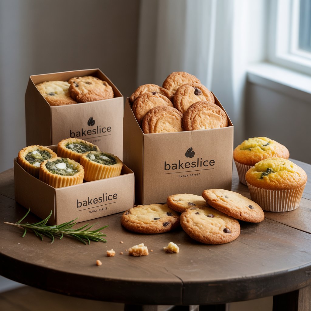 Bakeslice assorted cookies and muffins in eco-friendly packaging, freshly baked treats displayed for home and café customers.