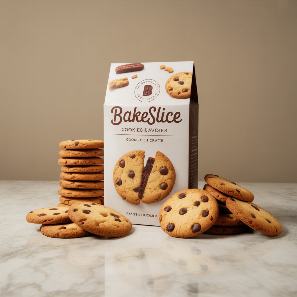 Bakeslice chocolate chip cookies in branded packaging with freshly baked cookies stacked on a marble surface.