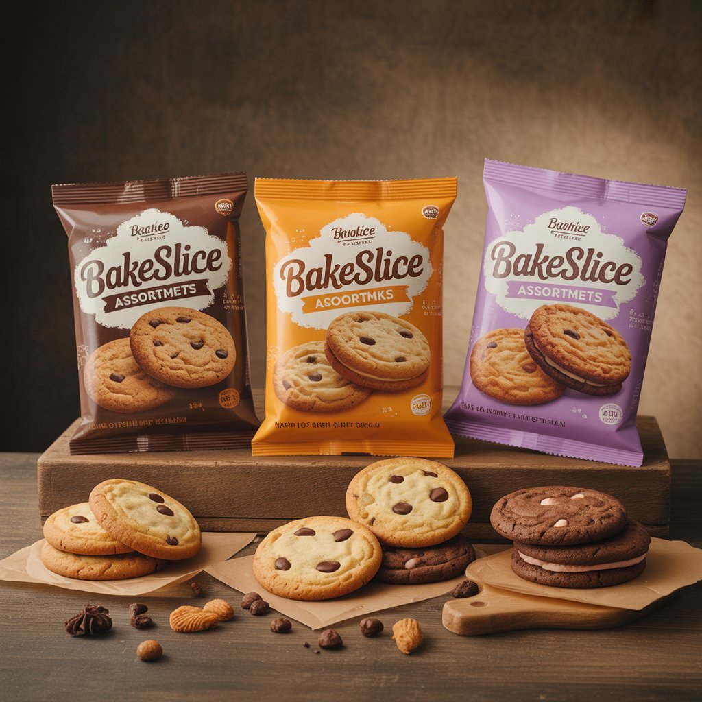 Bakeslice cookie assortments in colorful packaging with chocolate chip and cream-filled cookies displayed on a wooden table.